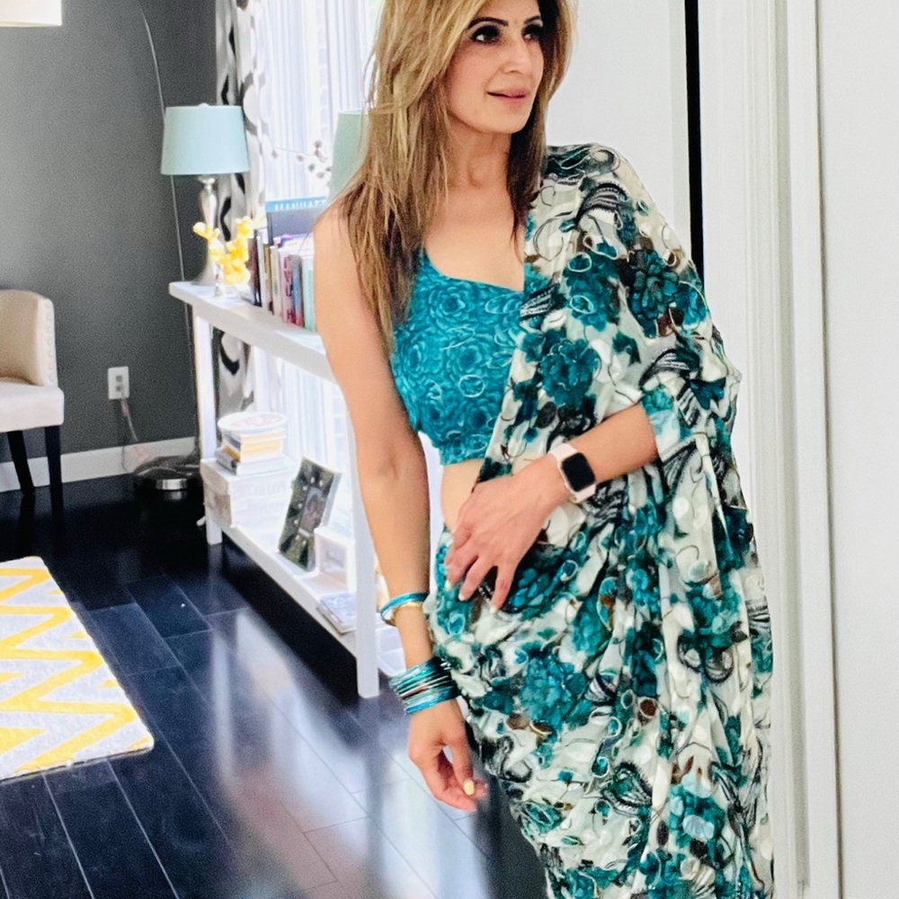 Floral Blue and White Saree with Blouse